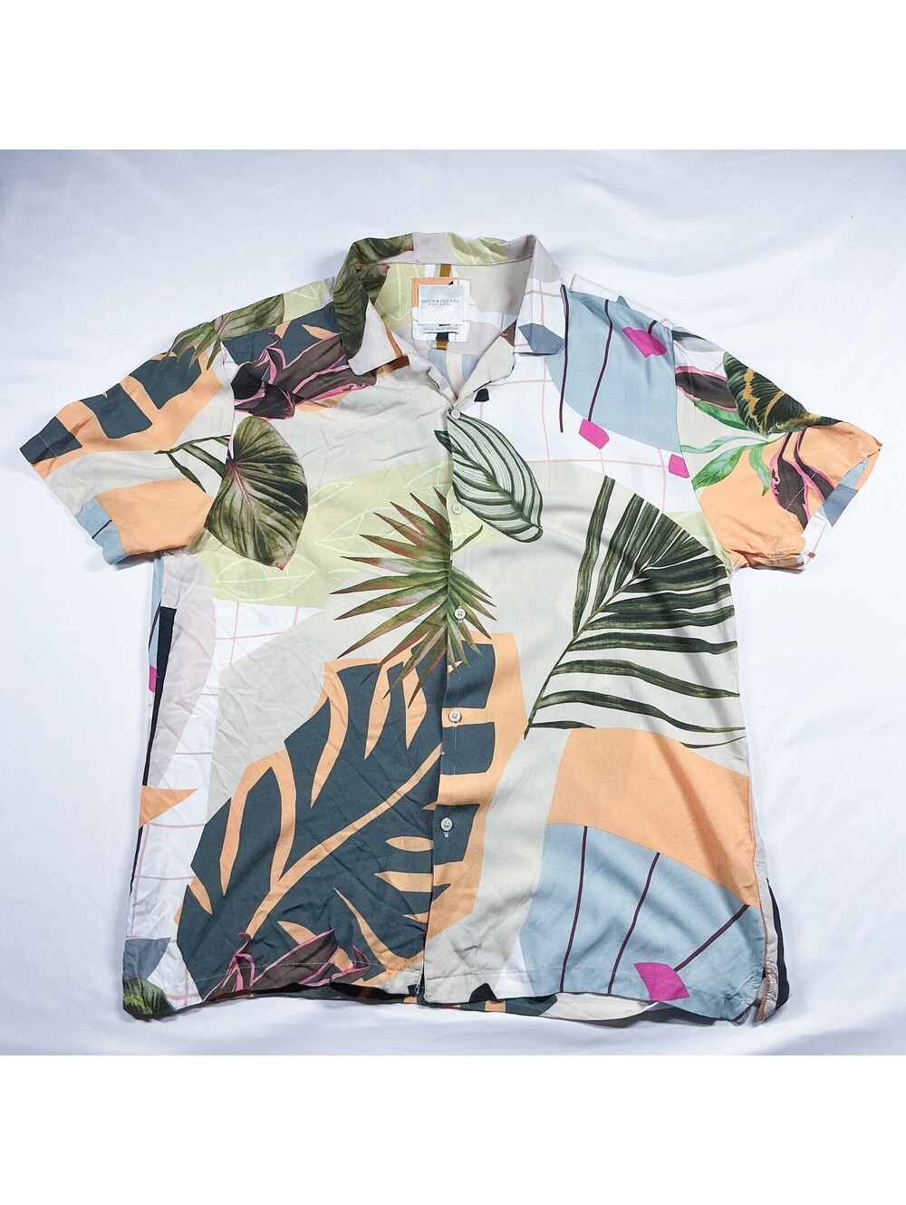 Denim & Flower Contemporary Tropical Leaf Print Button-Up Shirt Summer Casual XL